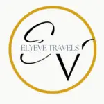 Elyeve Travels logo with stylized initials 'EV' in black and navy blue, encircled by a gold border.