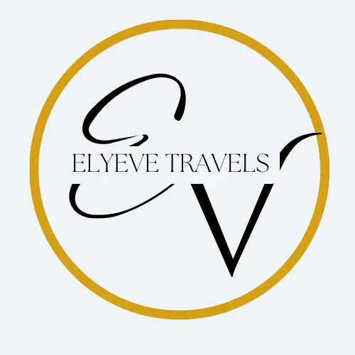 Elyeve Travels logo with stylized initials 'EV' in black, encircled by a gold border on a light gray background.