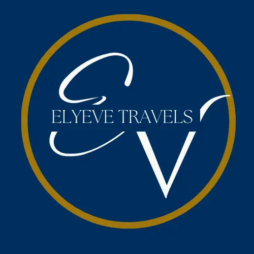 Elyeve Travels logo with stylized initials 'EV' in white, encircled by a gold border on a navy blue background.