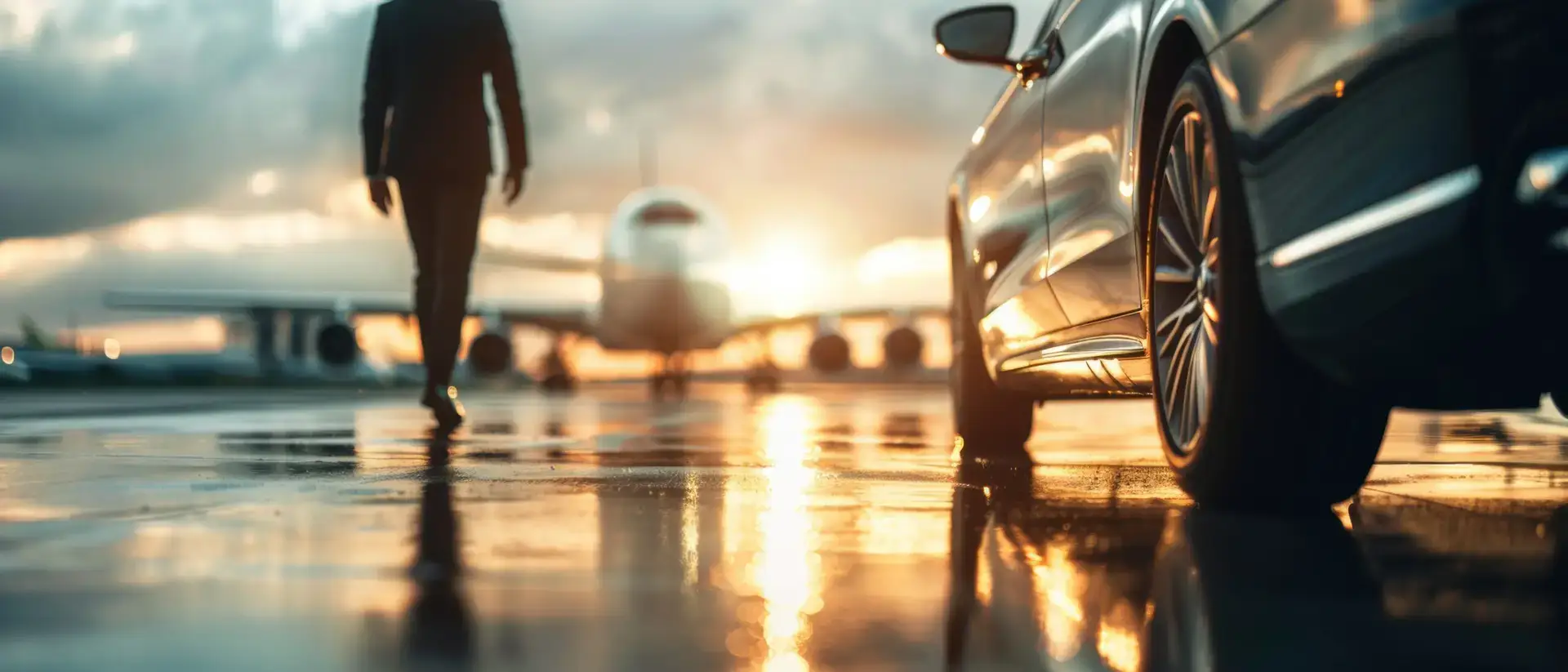 Traveler arriving beside a car in warm evening light