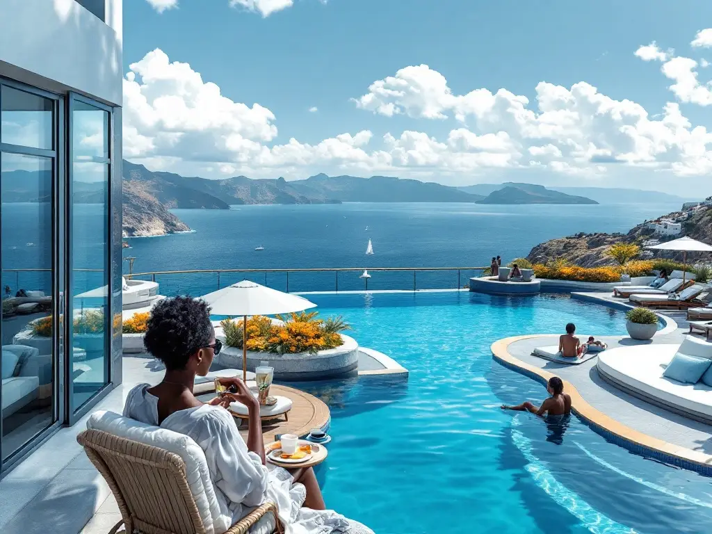 A luxurious coastal resort with a rooftop pool overlooking a stunning ocean view, featuring diverse guests enjoying the serene environment.