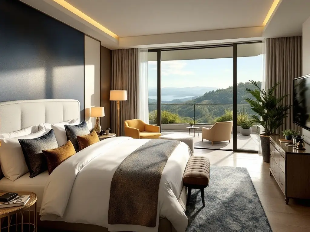 Luxury hotel bedroom opening onto a spacious balcony