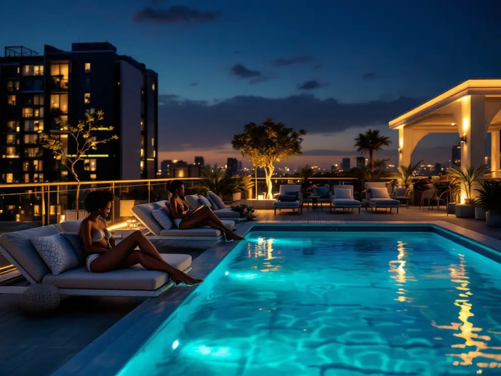 Rooftop pool with lounge seating at twilight