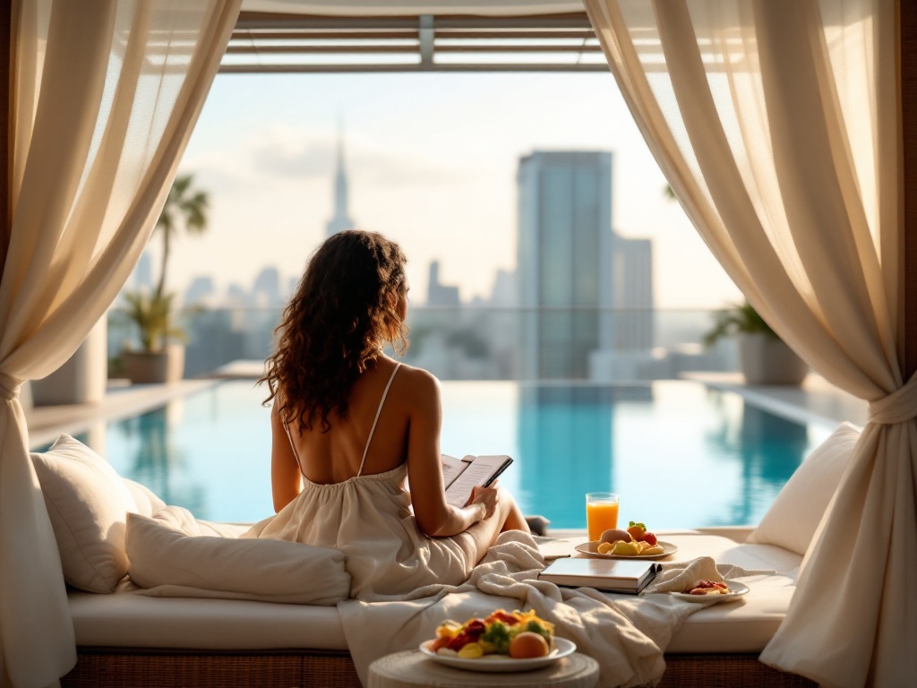 A bi-racial woman sitting in a cabana on a rooftop pool, journaling with a phone, book, and food and drinks beside her.