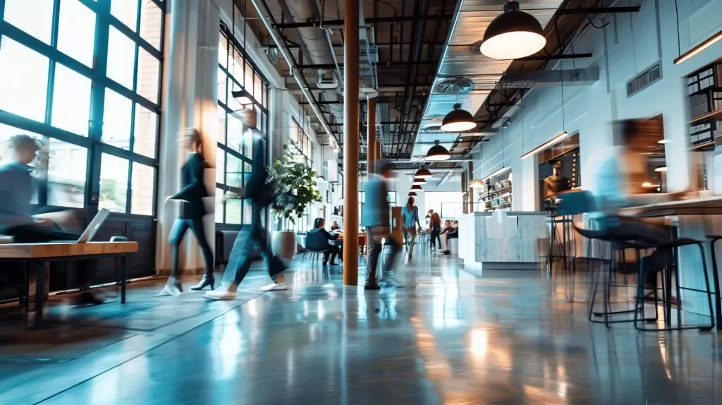 A modern office space with people walking and working, creating a dynamic and bustling atmosphere.