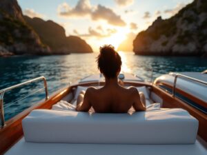 Black woman relaxing on a luxury boat, viewed from behind, with a scenic ocean view.