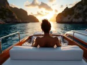 Black woman relaxing on a luxury boat, viewed from behind, with a scenic ocean view.