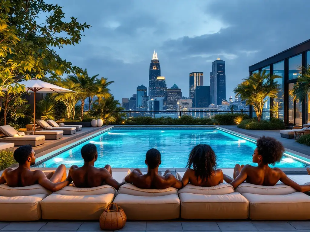 A rooftop pool with plush lounge areas, featuring a diverse group of individuals enjoying a luxurious and relaxing setting.