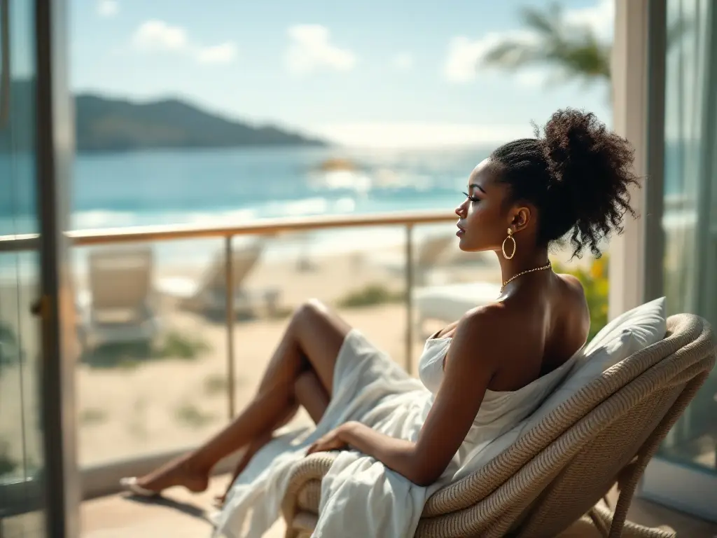 A woman relaxing on a balcony overlooking a serene beach, wrapped in a towel, enjoying the view.