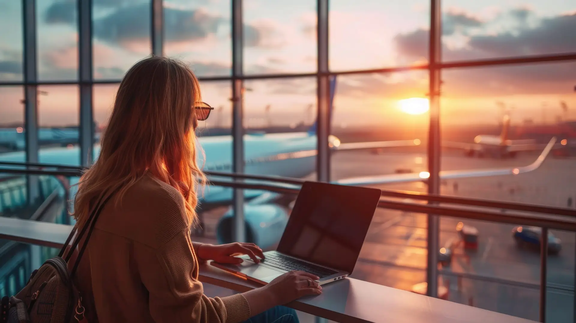 A woman working on a laptop at an airport, with an airplane and sunset visible through the window.