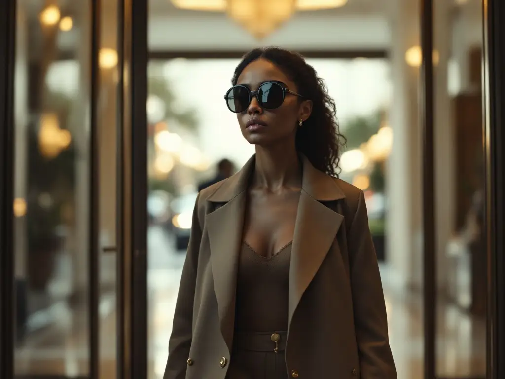 A biracial female wearing big black sunglasses, walking into a luxury hotel, appearing contemplative and stylish.