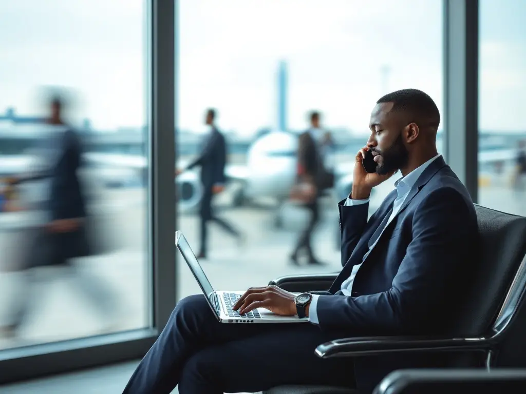 A Black man in business attire sitting by a window at an airport, multitasking on the phone and using a laptop, with travelers moving quickly in the background.