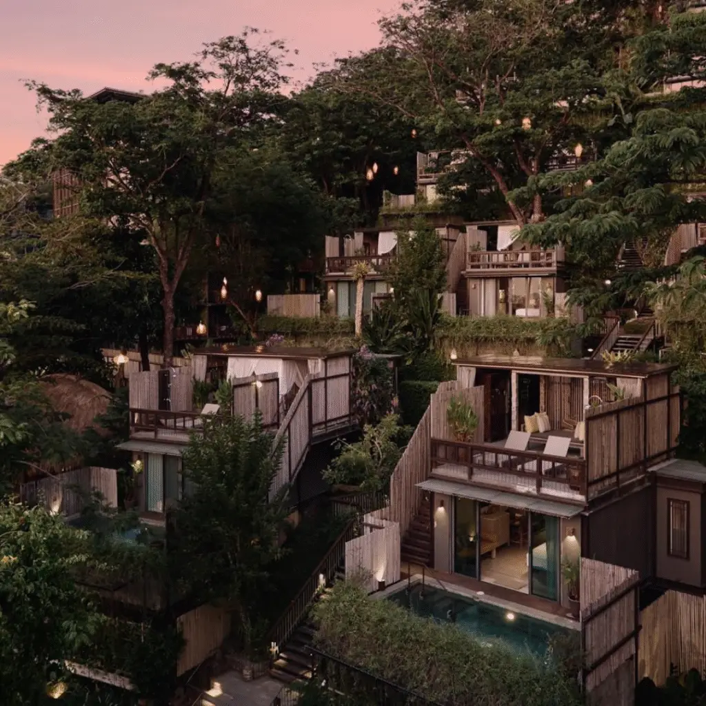 Elevated view of hillside villas at Dinso Resort during sunset
