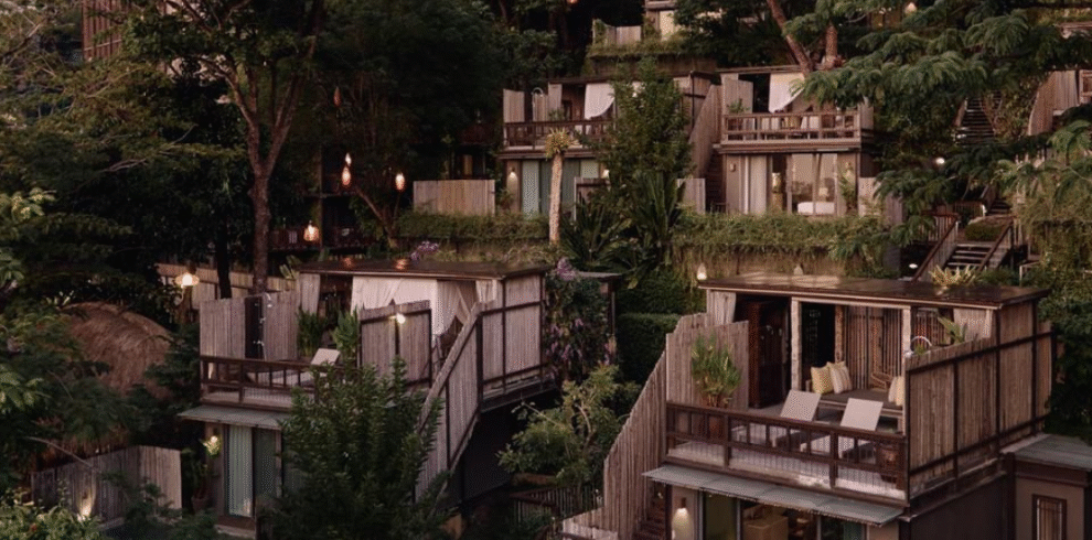Elevated view of hillside villas at Dinso Resort during sunset