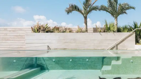 Modern private pool framed by palms and minimalist design on a bright, sunny day in Riviera Maya.