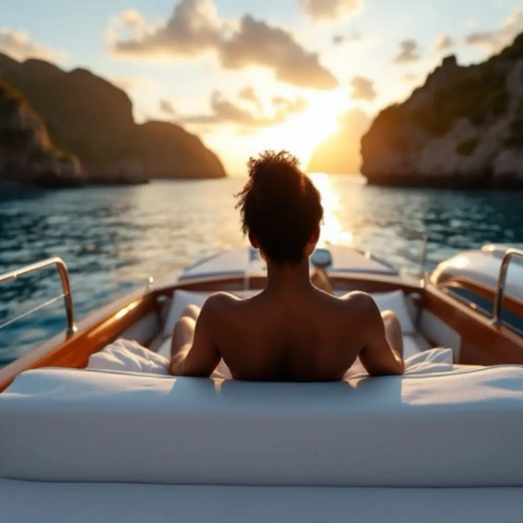 Black woman relaxing on a luxury boat, viewed from behind, with a scenic ocean view.