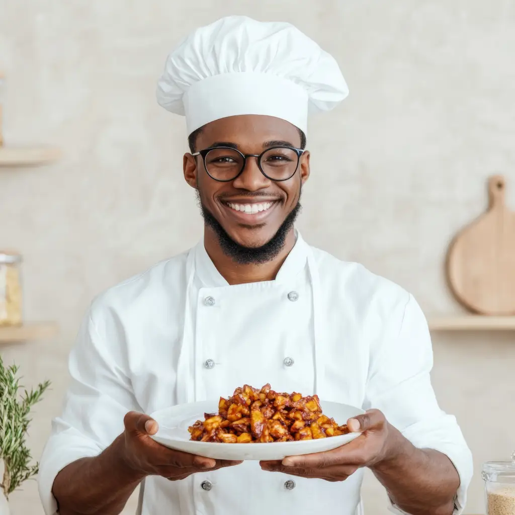 A private chef stands confidently in a modern gourmet kitchen, smiling warmly while holding a plated signature dish, ready to serve luxury dining.