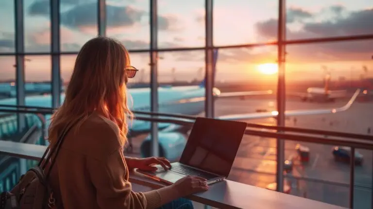 A digital nomad woman efficiently uses her time in the airport waiting area, working on her laptop and showcasing the modern ability to work from anywhere.