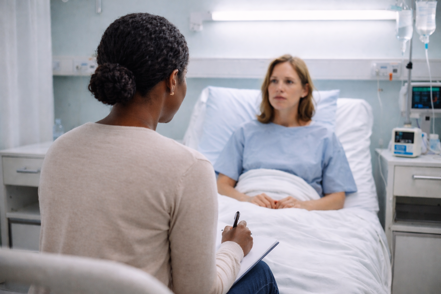 Crisis responder speaking with a patient in a hospital room