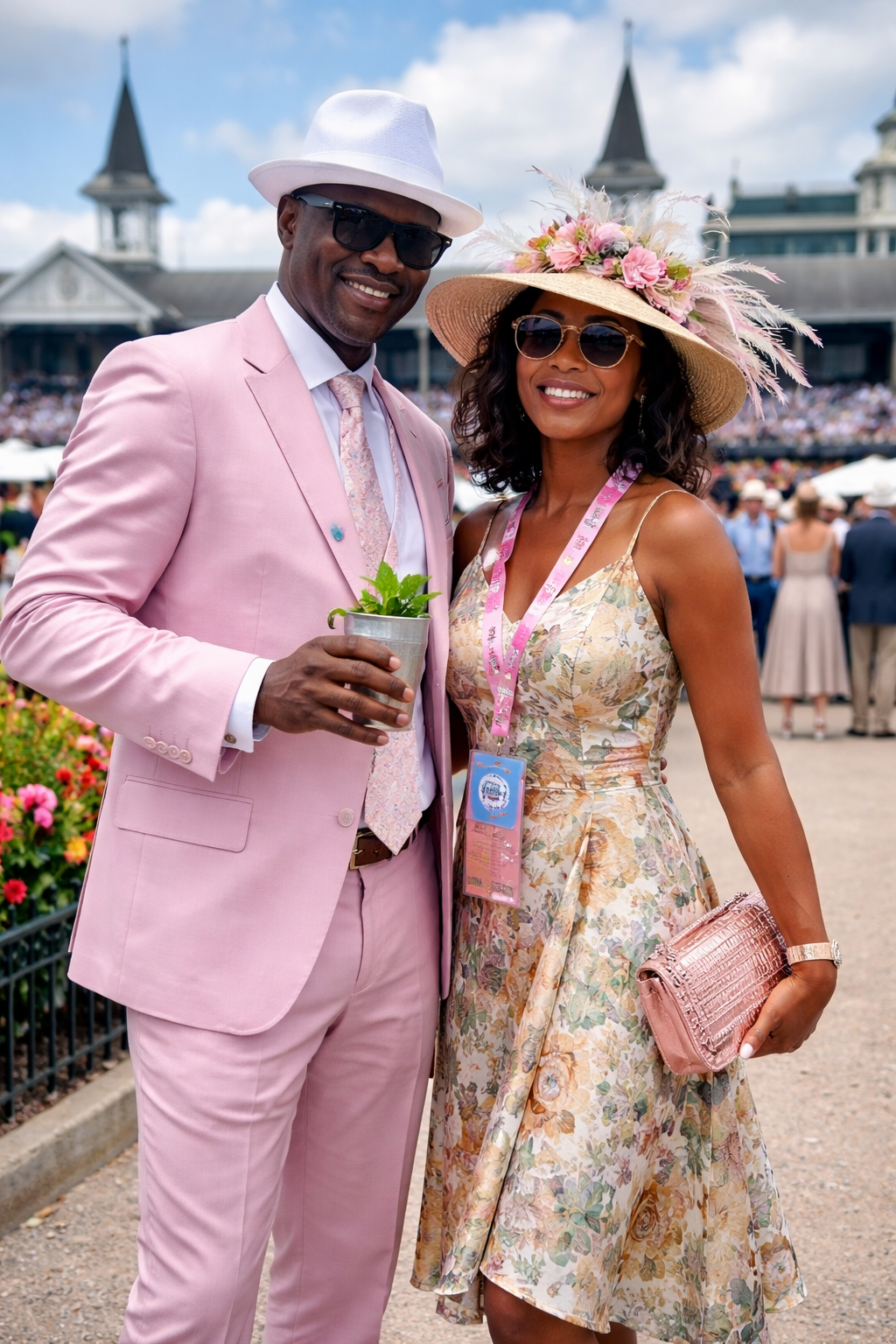 Derby Weekend lifestyle moment with guests dressed in formal attire at Churchill Downs