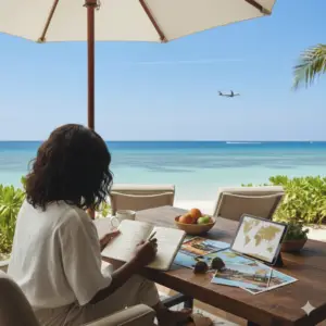 Woman planning a wellness trip at a beachside table with maps and a notebook, overlooking the ocean with an airplane in the sky