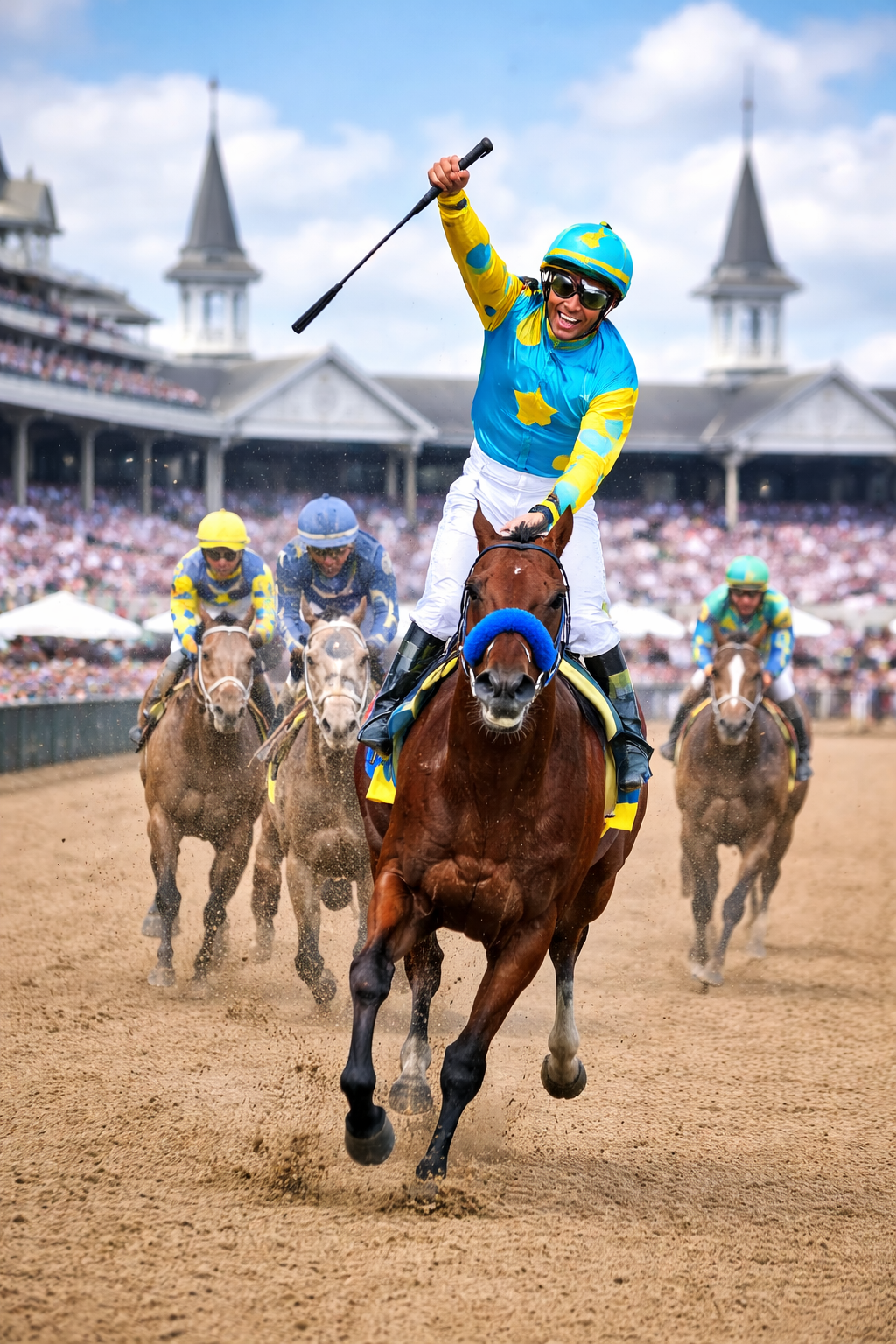 Jockey celebrating victory on horseback during the Kentucky Derby at Churchill Downs