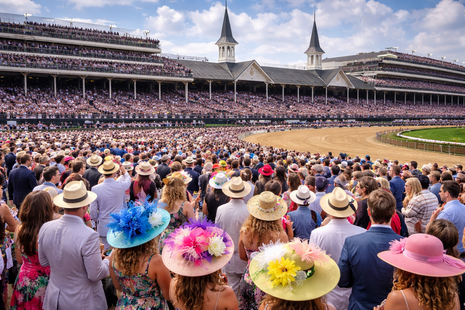 Kentucky Derby crowd at Churchill Downs in Louisville with spectators dressed in classic Derby fashion