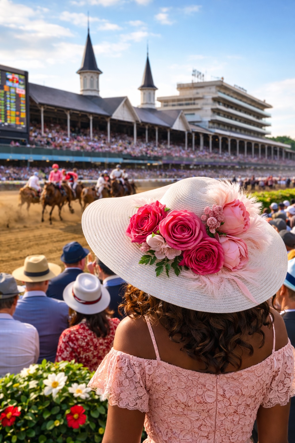 Kentucky Derby fashion moment featuring a Black woman with wavy hair wearing elegant Derby attire at Churchill Downs
