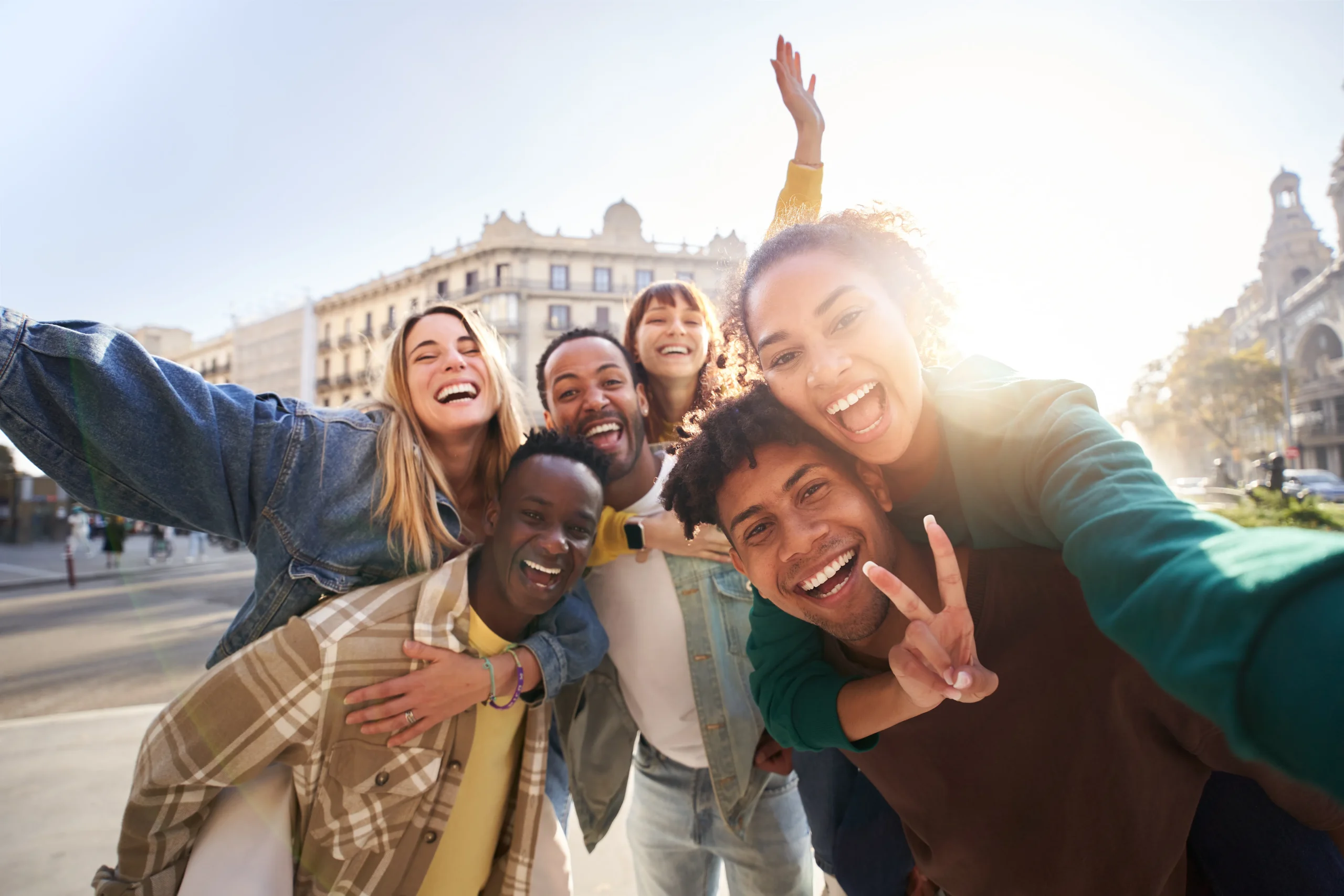 Friends enjoying a group trip in a European city