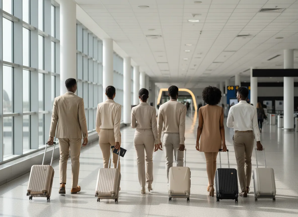 Group walking through the airport together, viewed from behind