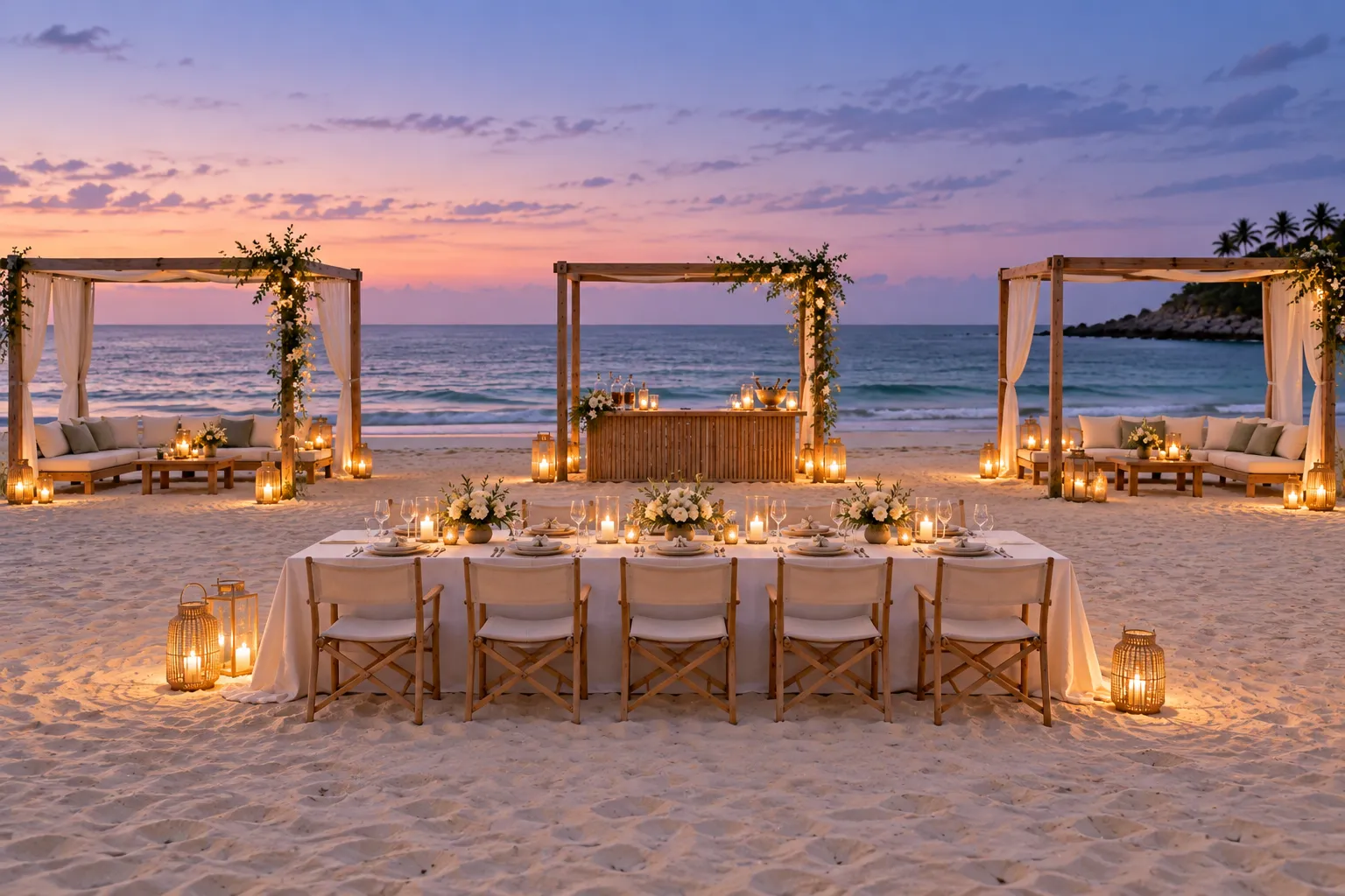 Beachfront table set for a gathering at dusk