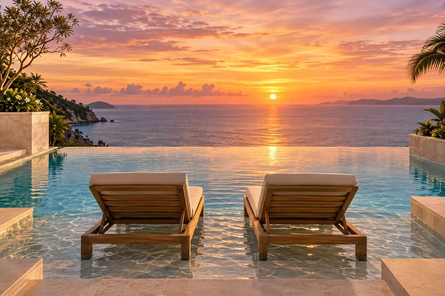 Two loungers overlooking the sea at sunset