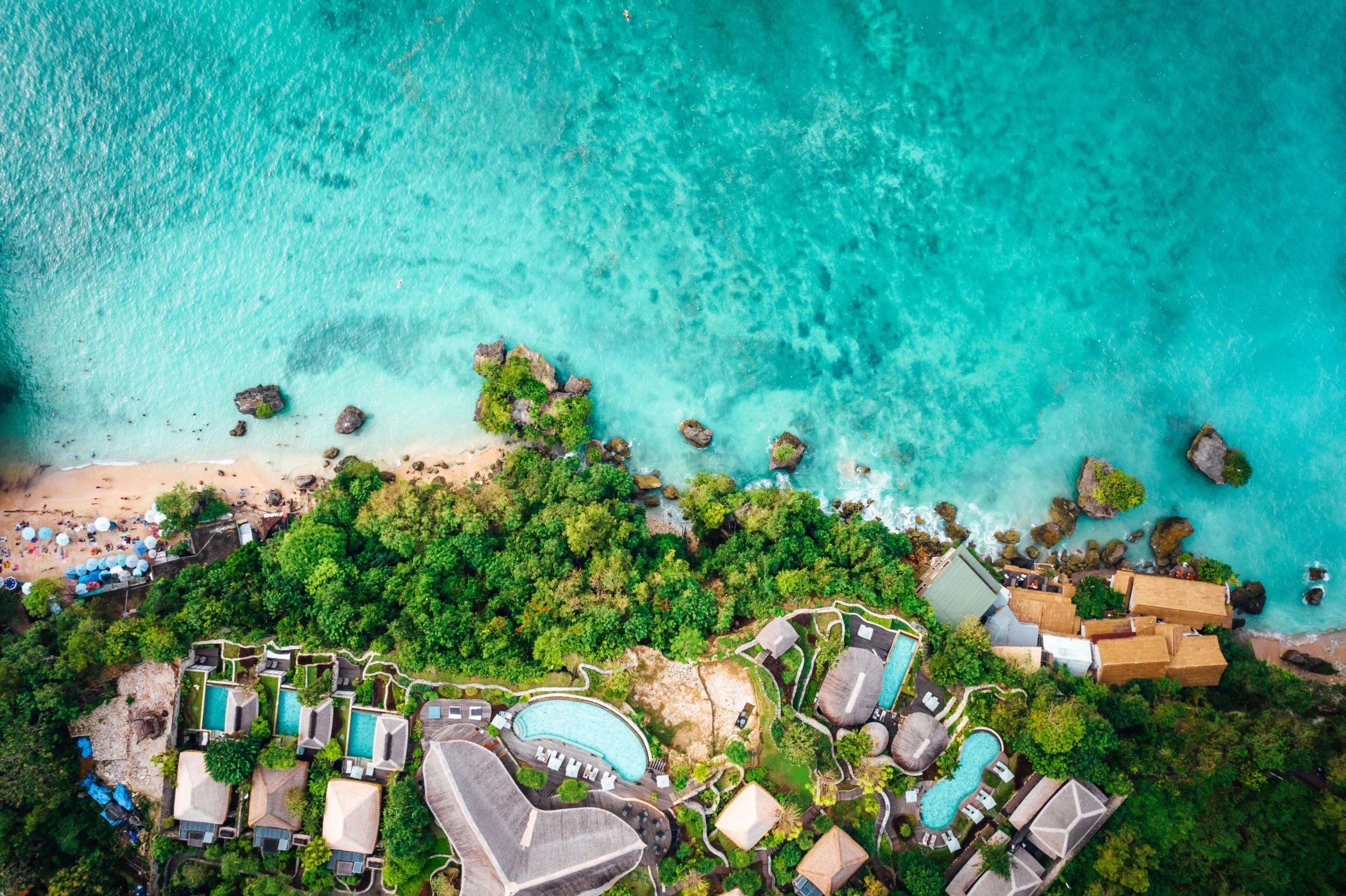 Aerial view of a luxurious coastal resort
